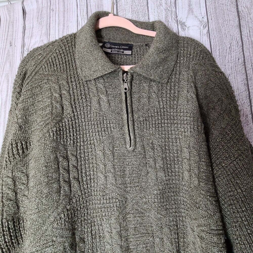 Giorgio Cosani Sweater Mens Pullover 1/4 Zip XL Olive Green Knit Long Sleeve